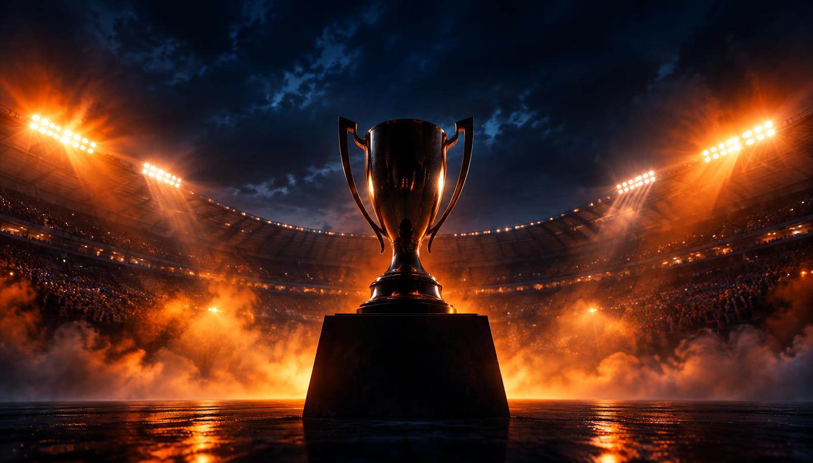 Championship trophy under stadium lights